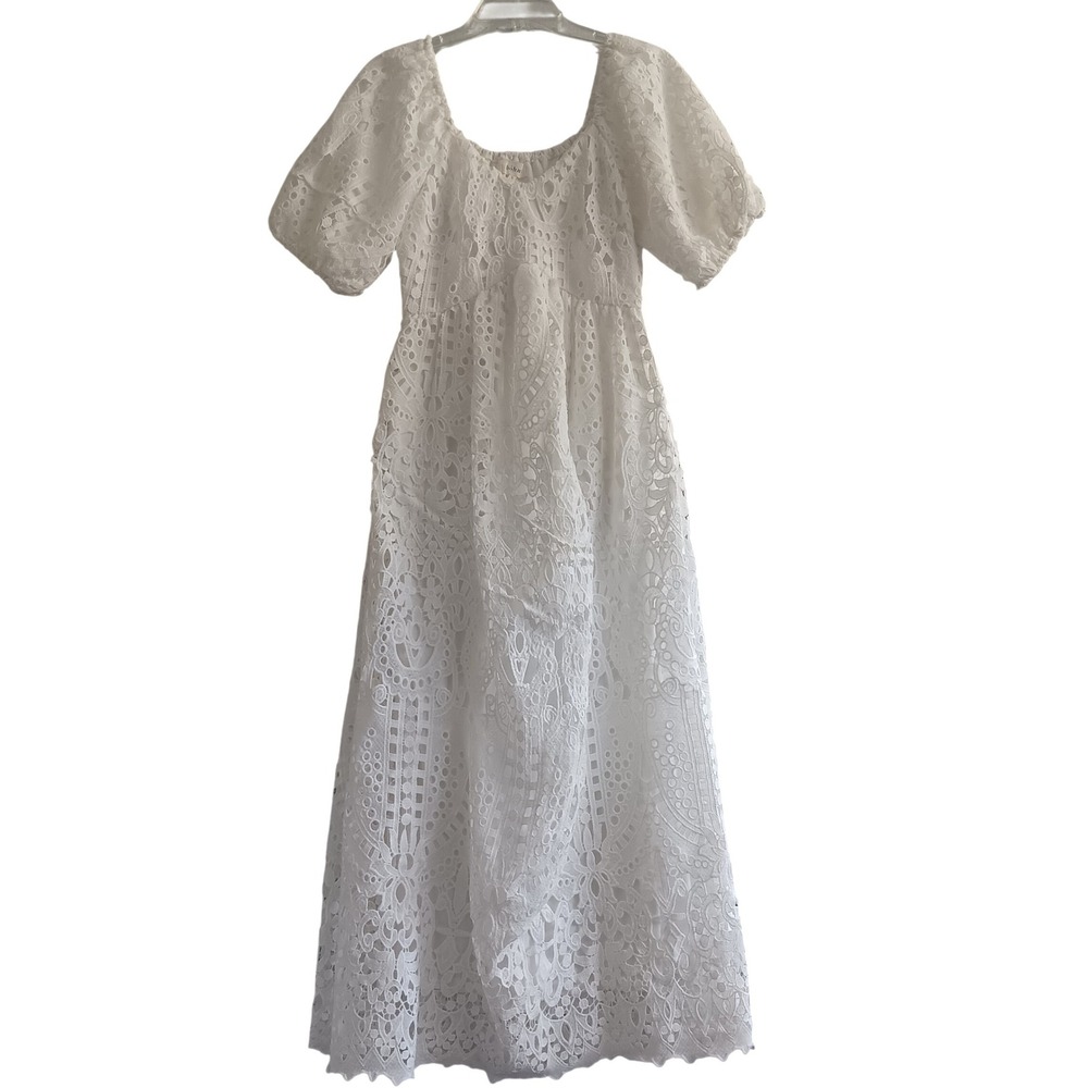 Böhm Lace Maxi Dress Womens Small White Puff Sleeve Eyelet Boho